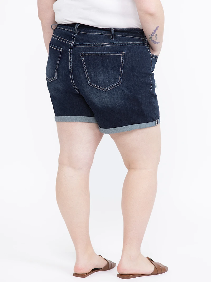 Women's Plus Rip & Repair Cuffed Midi Dark Wash