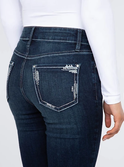 Women's Dark Wash Embellished Pocket Baby Boot Jeans