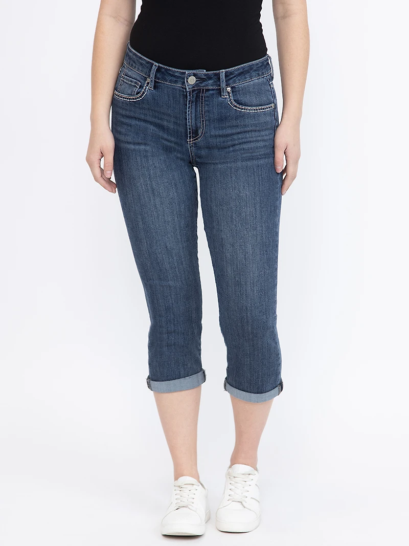 Women's Contrast Multi Thread Medium Dark Wash Jean Capri