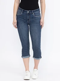 Women's Contrast Multi Thread Medium Dark Wash Jean Capri