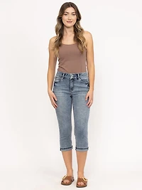 Women's 2 Button Medium Wash Mid Rise Cuffed Jean Capri