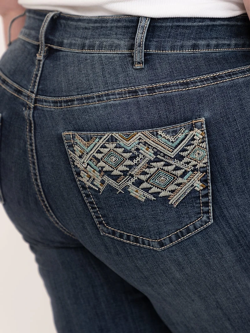Women's Plus Medium Dark Wash Geo Embroidered Straight Jeans