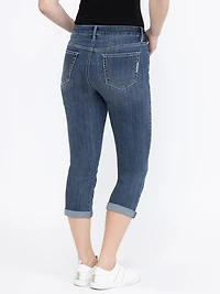 Women's Contrast Multi Thread Medium Dark Wash Jean Capri