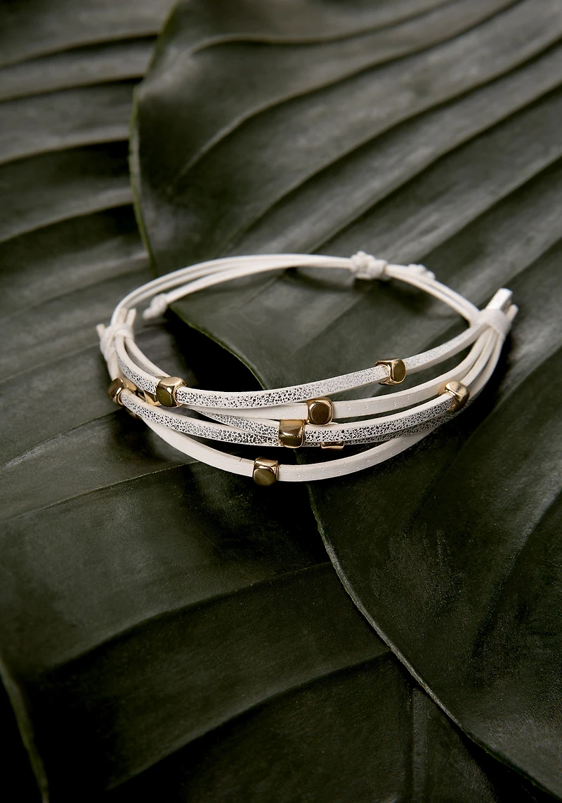 White Faux Leather w Gold Bead Bracelet