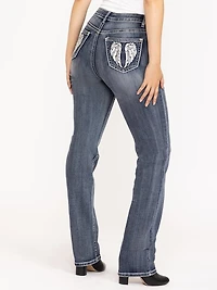 Women's Medium Dark Wash Wing Embellished Baby Boot Jeans