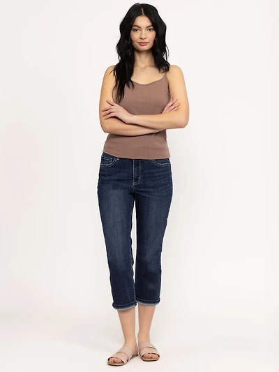 Women's 2 Button Dark Wash Mid Rise Cuffed Jean Capri