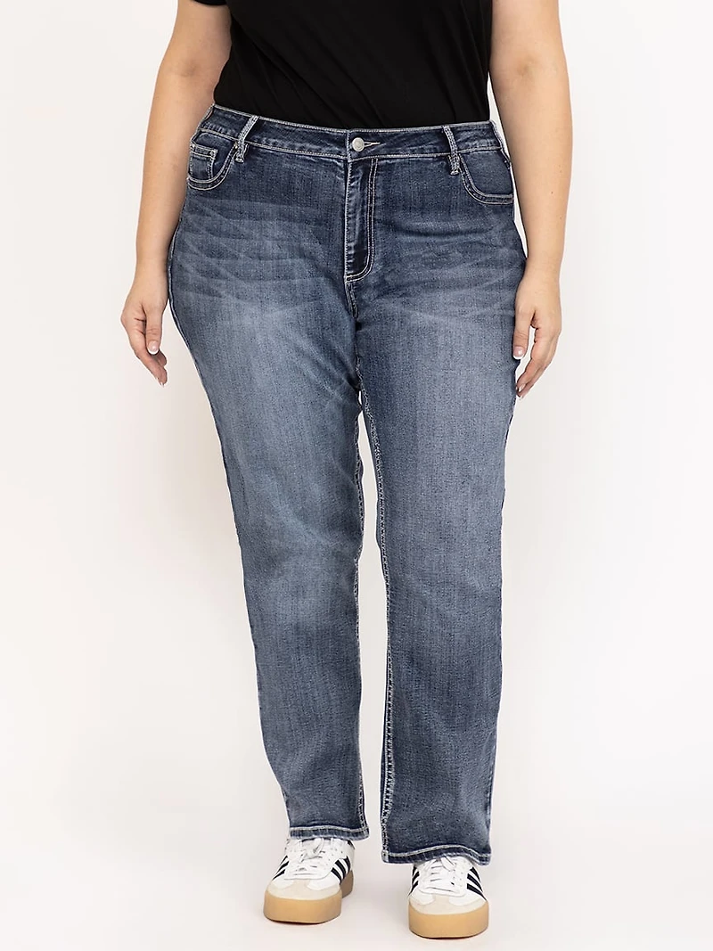 Women's Plus Medium Dark Wash Cross Embellished Straight Leg Jeans