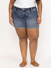 Women's Plus Medium Dark Wash Mid Rise Wing Embellished Cuffed Shortie