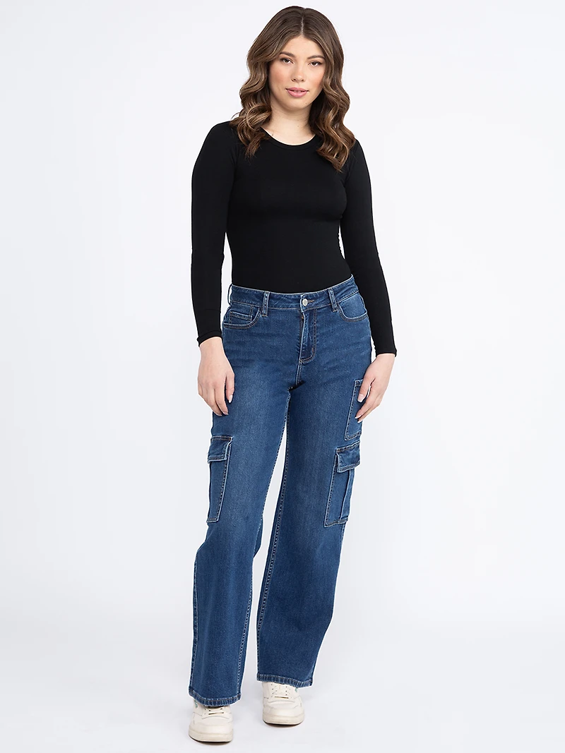Women's Dark Wash High Rise Drapey Wide Leg Cargo Jeans