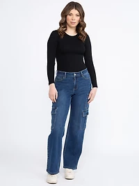 Women's Dark Wash High Rise Drapey Wide Leg Cargo Jeans