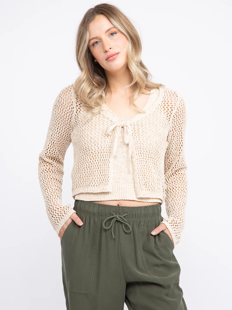 Women's Open Stitch Tie Front Cardigan