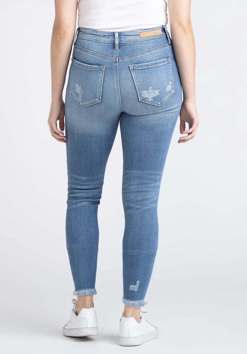 Women's High Rise Distress Fray Hem Ankle Skinny Jeans