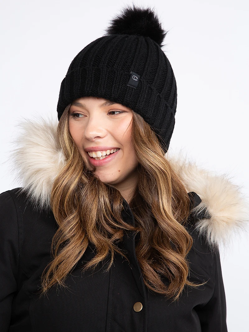 Women's Wide Rib Toque with Fur Pom