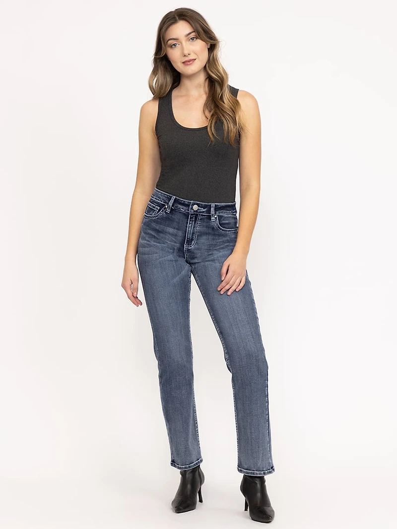 Women's Medium Dark Wash Cross Embellished Straight Leg Jeans