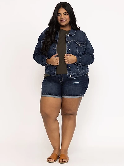 Women's Plus Dark Wash Distress Cuffed Midi Short