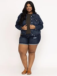Women's Plus Dark Wash Distress Cuffed Midi Short