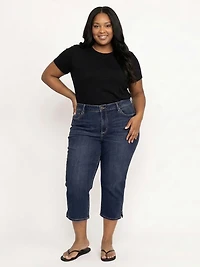 Women's Plus Side Slit Hem Dark Wash Jean Capri
