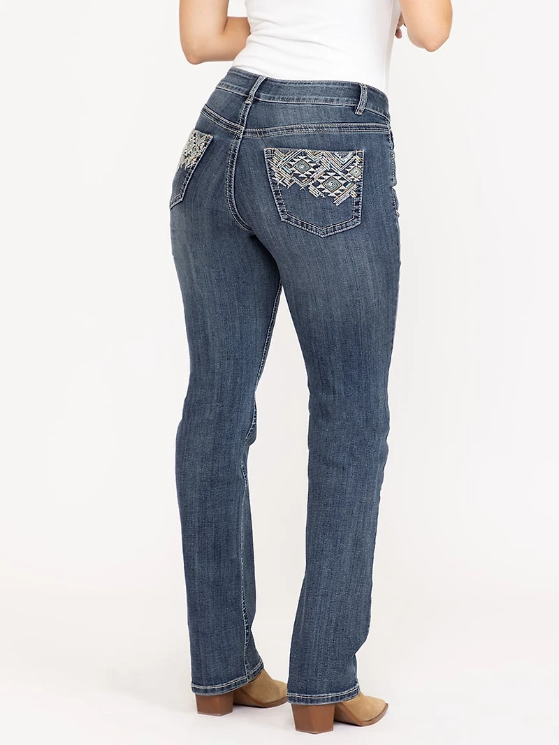 Women's Medium Dark Wash Geo Embroidered Straight Jeans