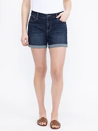 Women's Dark Wash Double Cuffed Midi Short