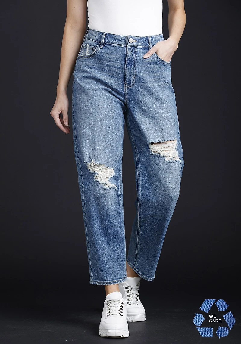 Women's High Rise Destroyed Stretch Mom Jean