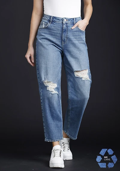 Women's High Rise Destroyed Stretch Mom Jean