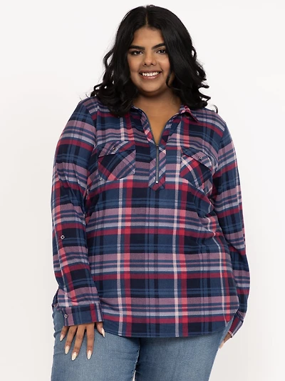 Women's Half Zip Plaid Shirt