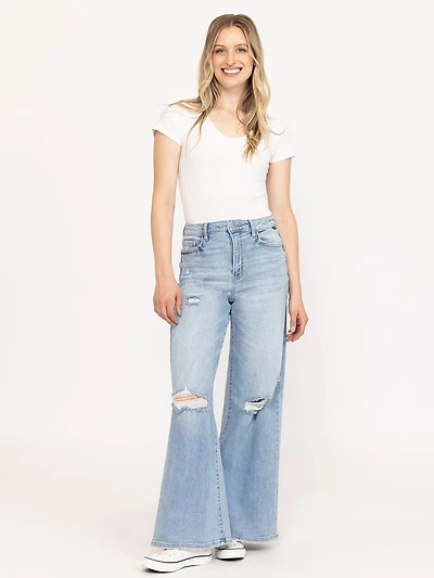 Women's Light Wash Distress High Rise Wide Leg Jeans