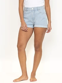 Women's High Rise Light Wash Stripe Denim Cuffed Shortie