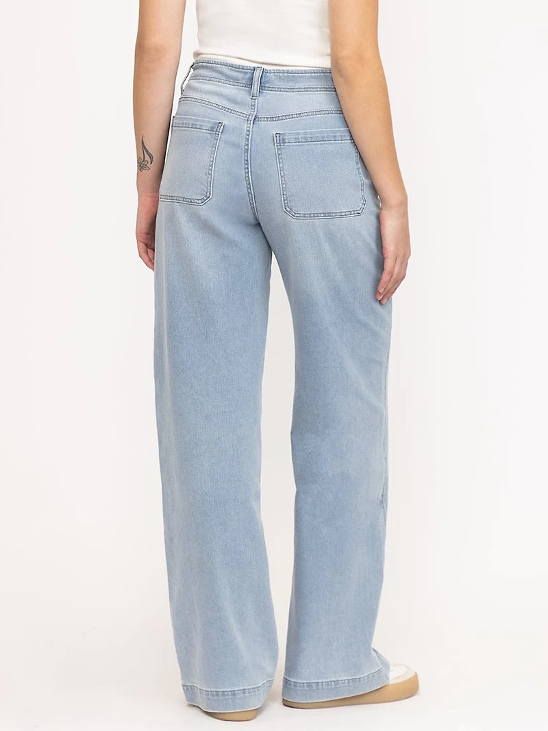 Women's High Rise Light Wash Wide Leg Jeans with a Tie Strap
