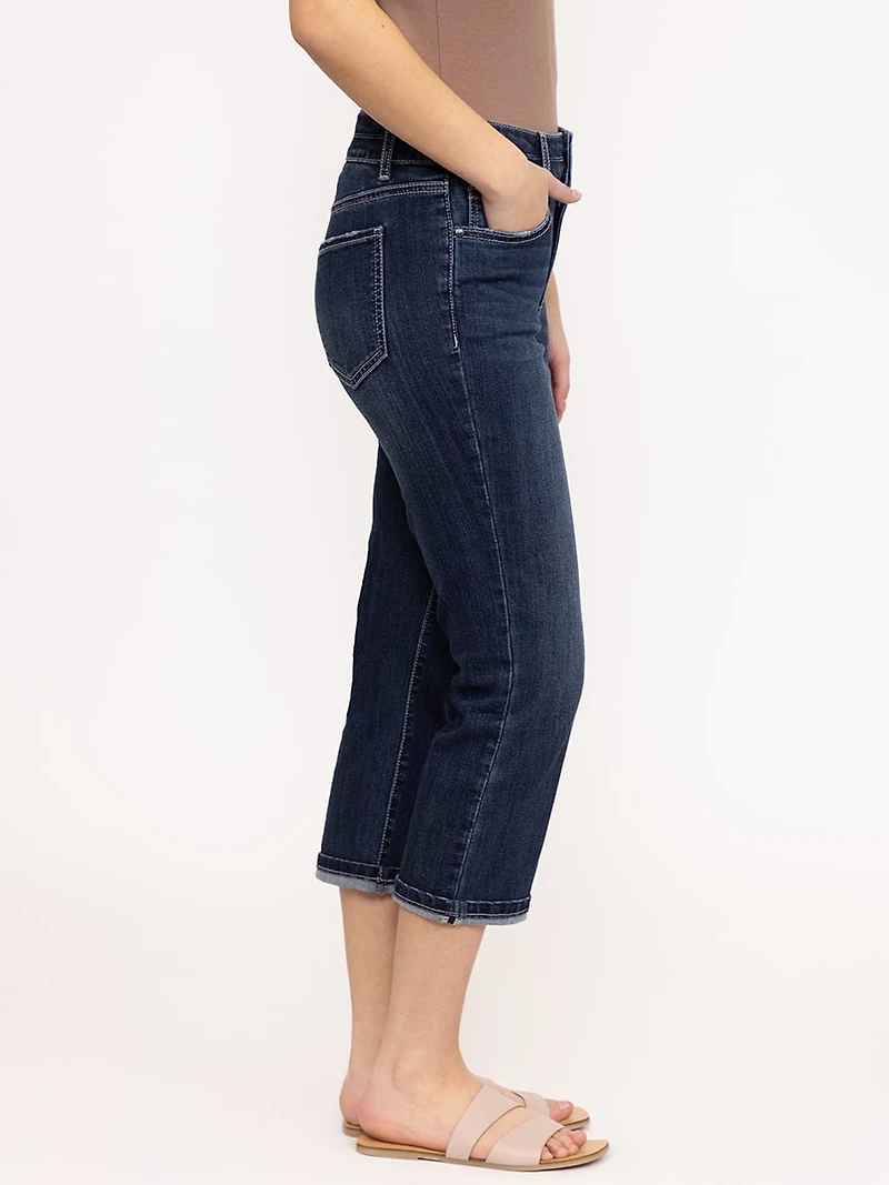 Women's 2 Button Dark Wash Mid Rise Cuffed Jean Capri