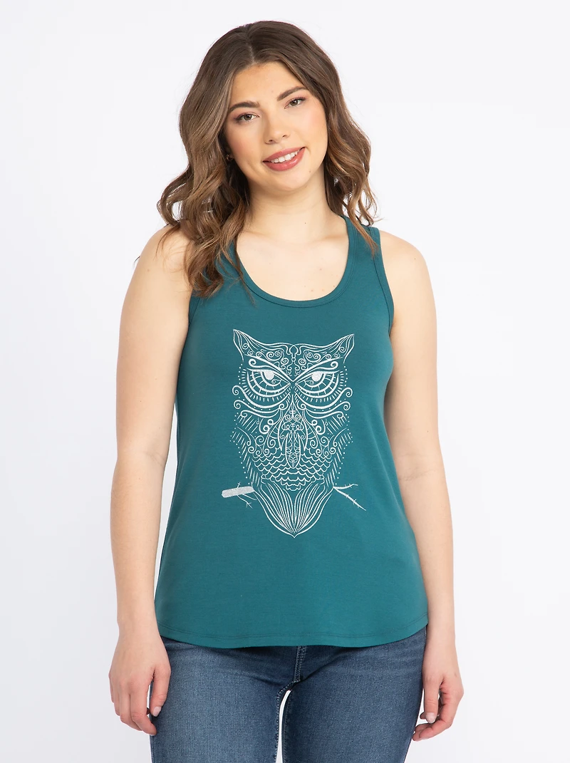Women's Glitter Owl Scoop Neck Tank