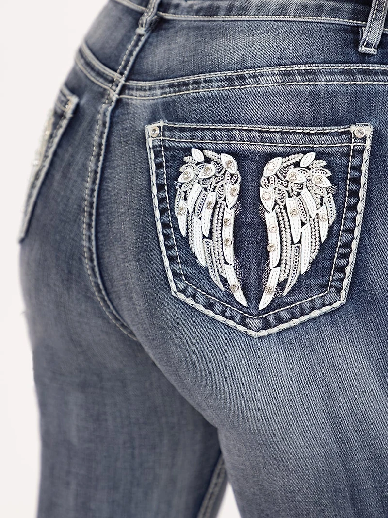Women's Medium Dark Wash Wing Embellished Baby Boot Jeans