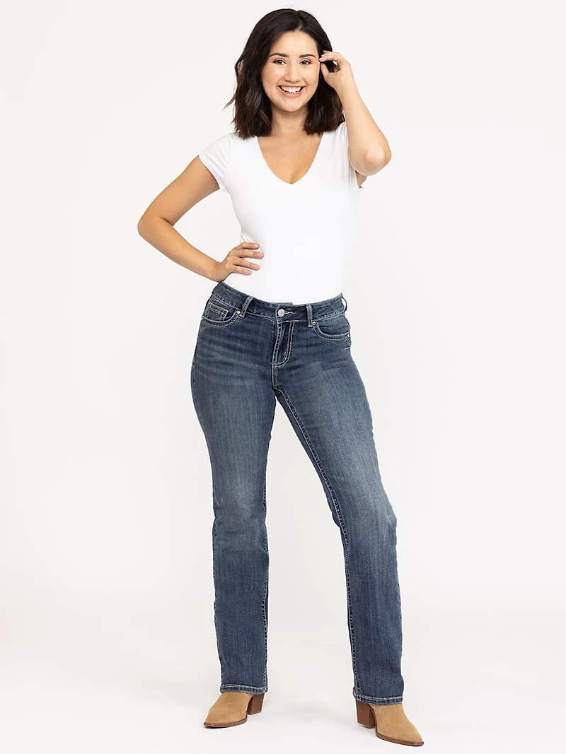 Women's Medium Dark Wash Geo Embroidered Straight Jeans