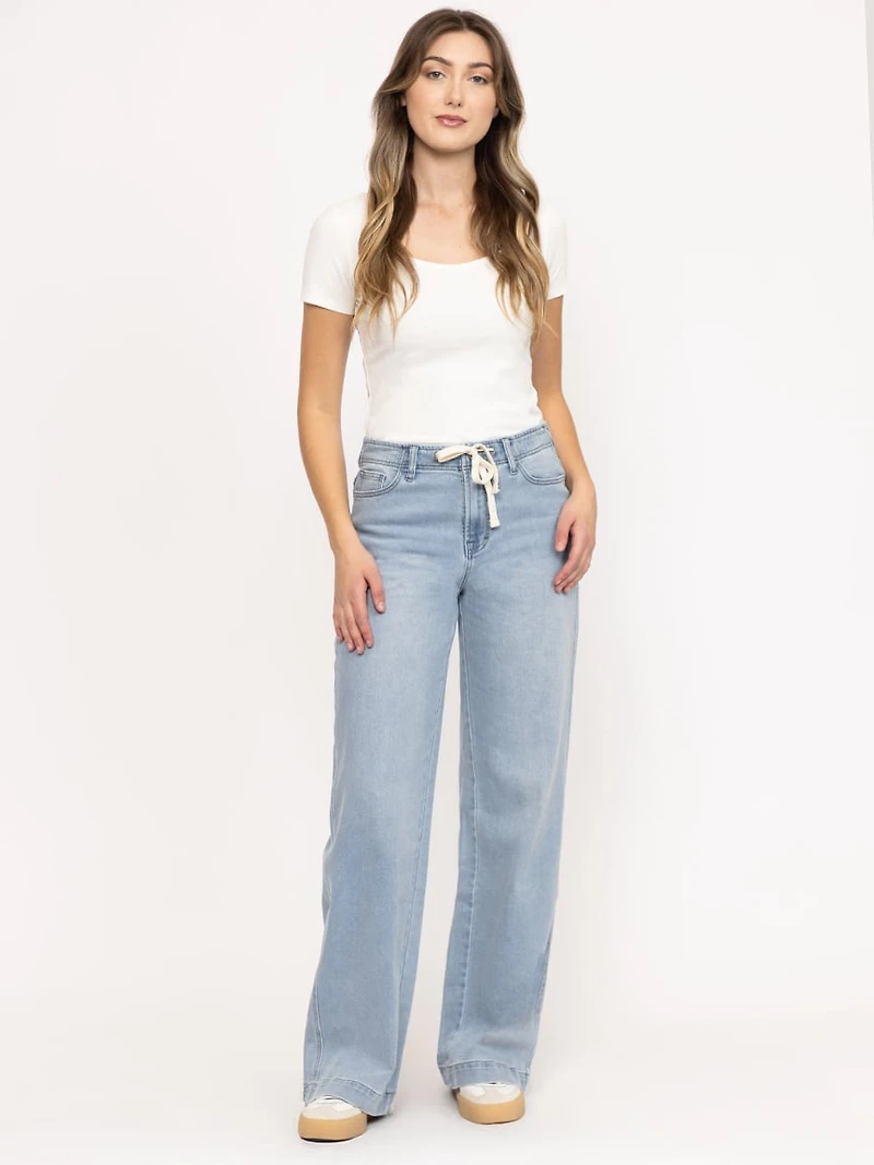 Women's High Rise Light Wash Wide Leg Jeans with a Tie Strap