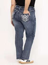 Women's Plus Medium Dark Wash Cross Embellished Straight Leg Jeans