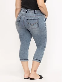 Women's Plus 2 Button Medium Wash Mid Rise Cuffed Jean Capri