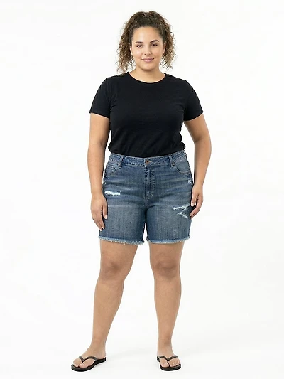 Women's Plus Medium Dark Wash Frayed Hem Shortie with Eyelet Insert