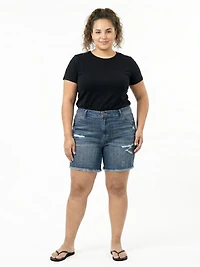 Women's Plus Medium Dark Wash Frayed Hem Shortie with Eyelet Insert