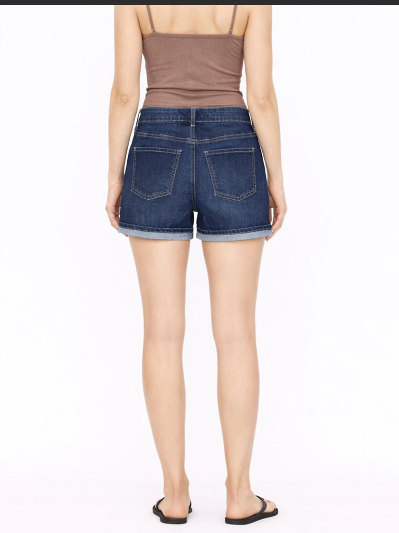 Women's Dark Wash Distress Cuffed Midi Short