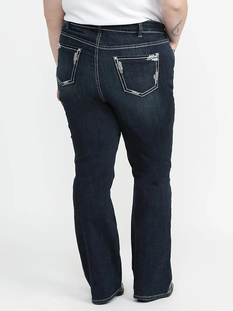 Women's Plus Dark Wash Embellished Pocket Baby Boot Jeans