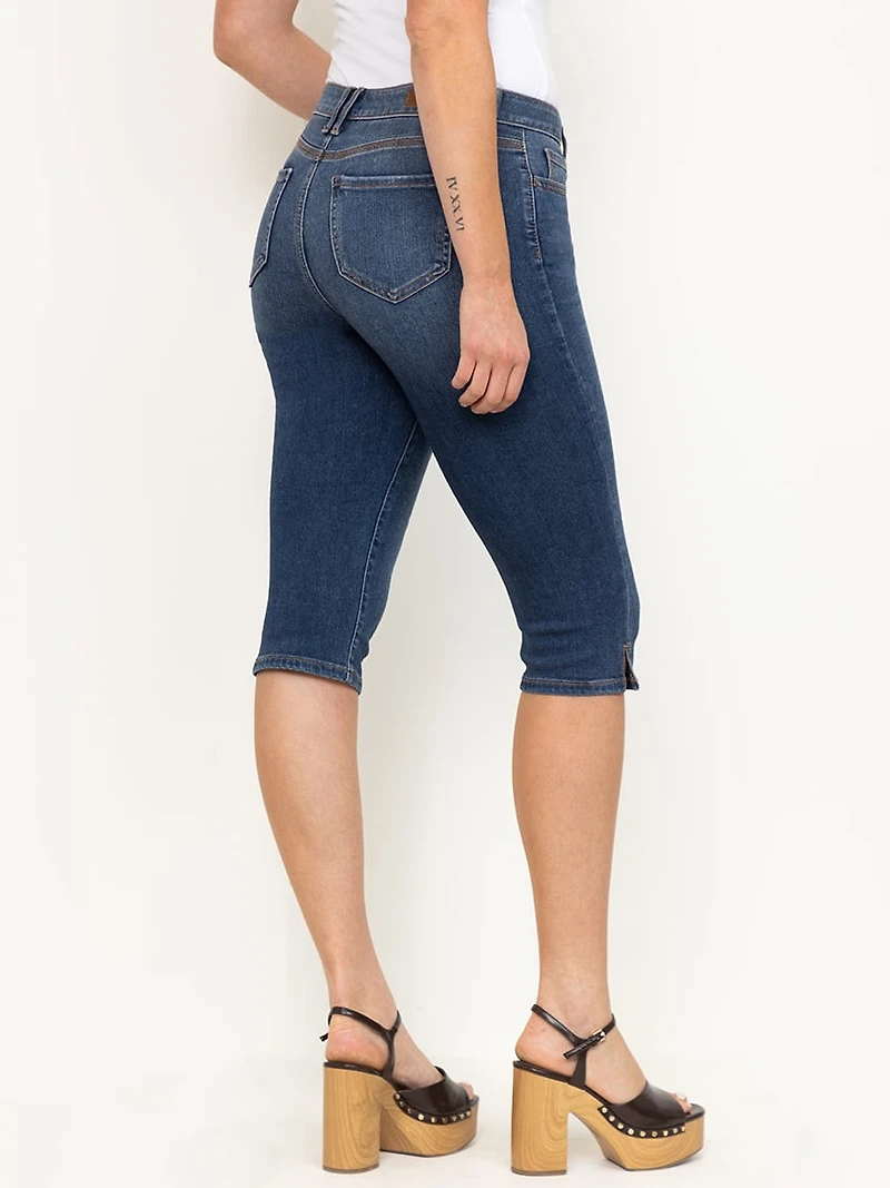 Women's Side Slit Hem Medium Dark Wash Jean Capri