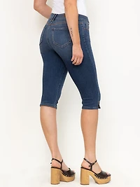 Women's Side Slit Hem Medium Dark Wash Jean Capri