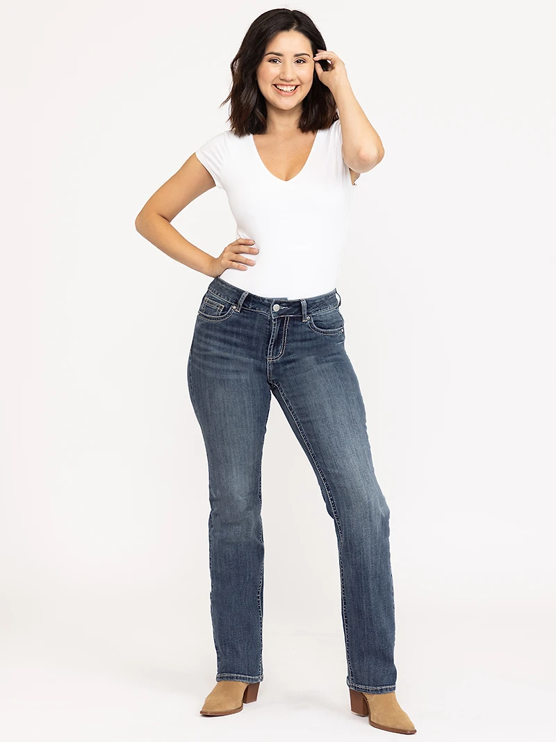 Women's Medium Dark Wash Geo Embroidered Straight Jeans