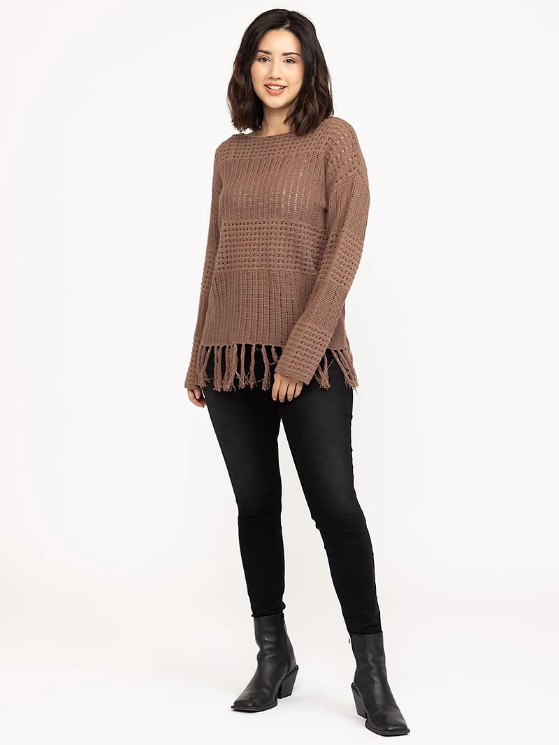 Women's Pointelle Pullover With Fringe