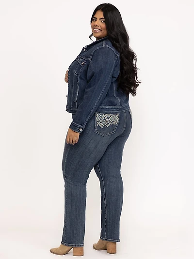 Women's Plus Medium Dark Wash Geo Embroidered Straight Jeans