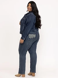 Women's Plus Medium Dark Wash Geo Embroidered Straight Jeans
