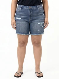 Women's Plus Medium Dark Wash Frayed Hem Shortie with Eyelet Insert