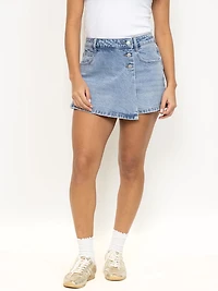 Women's Light Wash Denim Warp Skort with Expossed Button