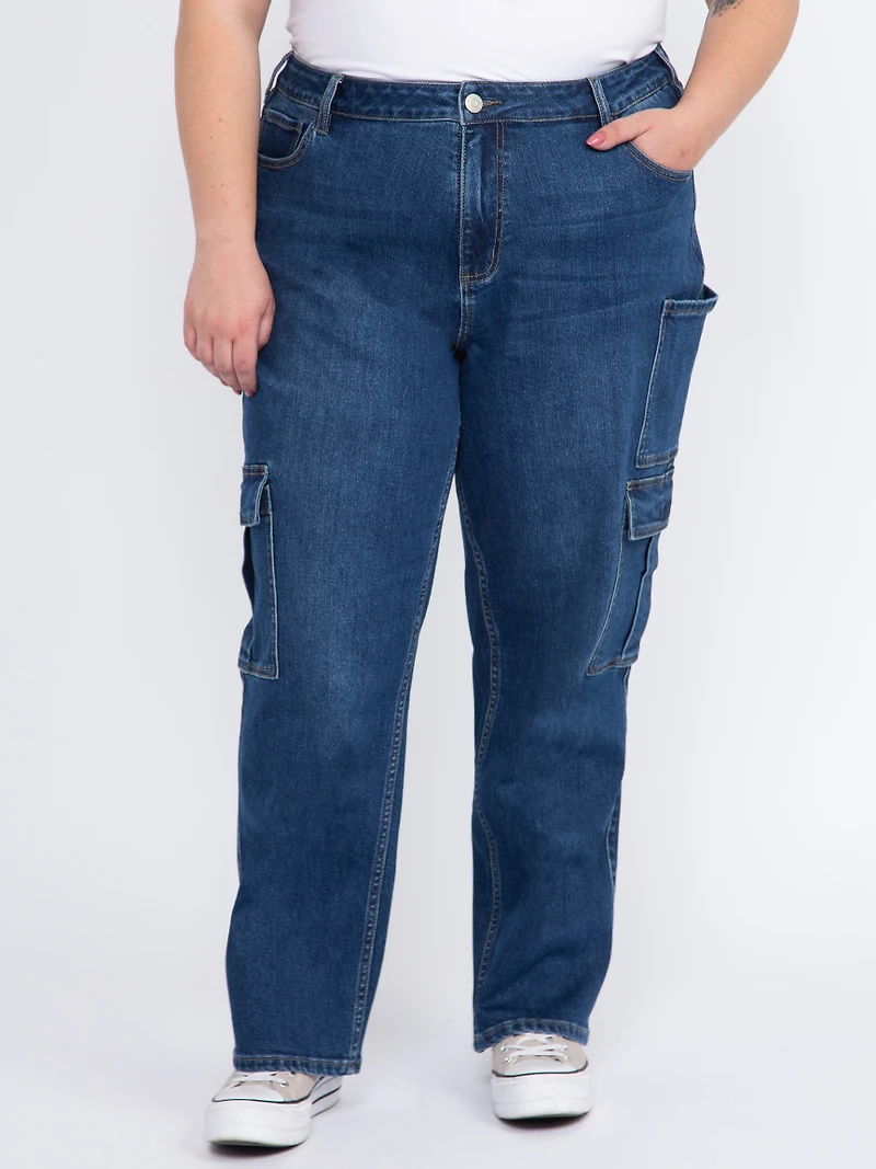 Women's Plus Dark Wash High Rise Drapey Wide Leg Cargo Jeans
