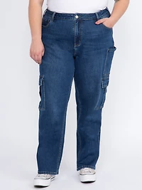 Women's Plus Dark Wash High Rise Drapey Wide Leg Cargo Jeans
